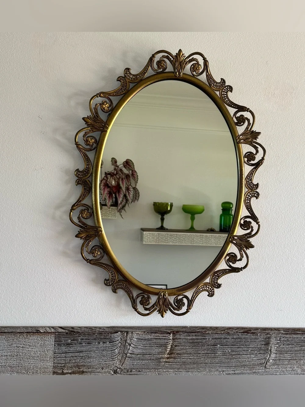 Vintage Ornate Gold Tone Oval Wall Mirror Floral Scroll Hollywood Regency